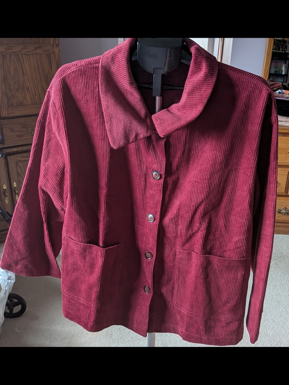 Relaxed Corduroy Button-Front Jacket - Burgundy